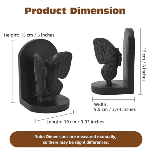 Black Butterfly Book Ends for Shelves, Butterflies Statue Decorative Bookends for Heavy Books, Resin Book Ends with Non-Slip Felt Base for Home Farmhouse Shelves Office Lover Gift - color: Butterfly Bookends Black