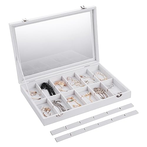 Frebeauty Jewelry Organizer Tray with Clear Lid 24 Grid Velvet Drawer Insert Jewelry Storage box with Transparent Glass lid Jewelry Display Case with Lock Gifts for Girls Women (White, 24 Grid) - color: White, size: 24 Slots