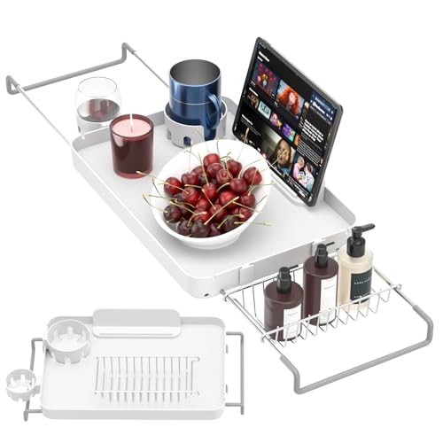 Bathtub Tray for Large Soaking Tub Table Tray Expandable Tub Shelf for Bathtub Caddy Bath Shelf Over Tub Luxury Bath Board Book Holder with Removable 2 Cup Holder Phone Metal Shower Caddy Basket White