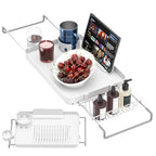 Bathtub Tray for Large Soaking Tub Table Tray Expandable Tub Shelf for Bathtub Caddy Bath Shelf Over Tub Luxury Bath Board Book Holder with Removable 2 Cup Holder Phone Metal Shower Caddy Basket White