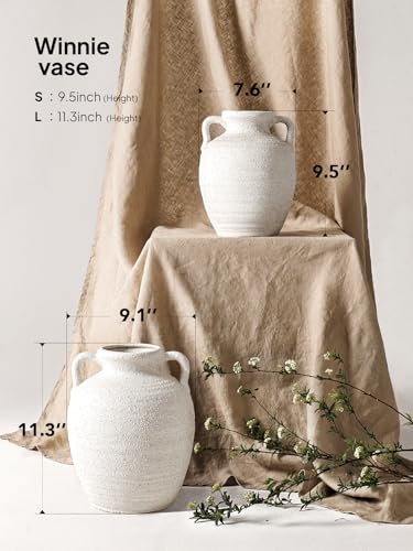 Large White Ceramic Vase with Handles - 9.5 Inch Tall Rustic Farmhouse Flower Vase, Decorative Accent for Living Room Coffee Table Bathroom Home Decor, Weddings Holiday Centerpieces (Rock Sand White) - color: Rock Sand White-9.5"