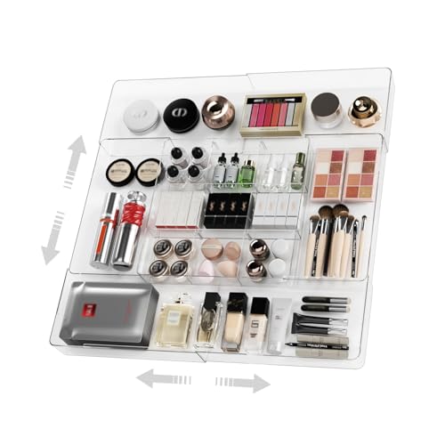 MIUOPUR Expandable Drawer Organizer, Width (10.6"-20.1") Depth (11"-20.1"), Clear Makeup Drawer Organizer with 6 Removable Dividers, Silverware Organizer, Great for kitchen and Bathroom Drawers - color: Clear