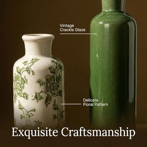 Rustic Ceramic Vase Set of 3, Flower Vases for Farmhouse Decor, Kitchen Living Room Table Centerpieces Decoration, Shelf, Mantel and Entrance Decorations-Multicolor. - color: Green-2