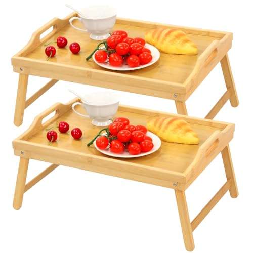 2 Pack Bamboo Bed Tray Table, Folding Legs and Handles, Breakfast Tray, Laptop Desk for Bed or Sofa, Serving Tray for Eating, Working, Reading,Picnic - color: Bamboo, size: 18.1" x 11.2" x 7.7" (2 Pack)