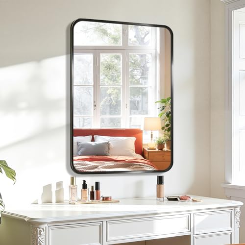 Koonmi Metal Framed Bathroom Mirror, 24"X36" Anti-Rust Bathroom Vanity Mirror, High-Definition Tempered Glass Bathroom Mirrors for Over Sink, Modern Decorative Wall Mirror for Restroom - color: Rounded Edged, size: 36"L x 24"W