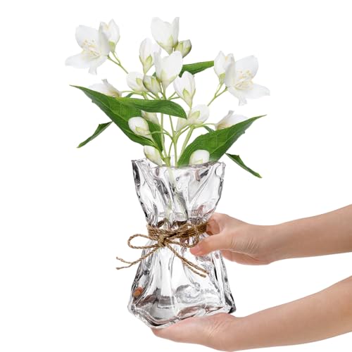 Covzoe Glass Vase, 8.7 Inch Tall Irregular Shaped Flower Vase with Hemp Rope, Clear Art Decorative Vases, Modern Home Bouquet Vases for Wedding, Living Room, Dining Table, Office