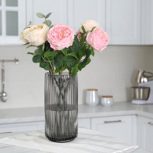 Thick Ribbed Glass Vase for Flowers, 8 Inch Tall Grey Cylinder Vase for Centerpieces, Decorative Modern Flower Vases for Bouquet, Flower Vases for Desk, Shelves, Dining Table, Home Décor - color: Gray, size: Small - 8''H