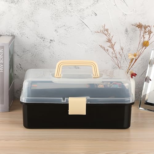 BTSKY 3-Layer Plastic Dividing Storage Box Craft Organizer with Adjustable Spacers Portable Handled Art Supply Organizer Multipurpose Home Utility Box for Sewing (Black+Beige) - color: Black+Beige