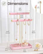 Lolalet 2-Tier Necklace Holder Display, Velvet Wrapped Bracelet Stand with Removable Ring Tray, Tall Jewelry Organizer for Bangles Watches Earrings, Galentines Valentines Gifts for Girls Women -Pink - color: Pink