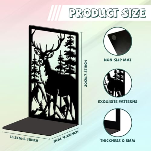 Peacoblue Metal Bookends for Shelves, Modern Decorative Heavy Duty Study Book Ends Stoppers for Office, Desk, Shelf, Room 5.3"x4.3"x7.9" Cast Iron Simple Tall Bookends 1 Pair (Deer and Forest) - style: Deer and Forest