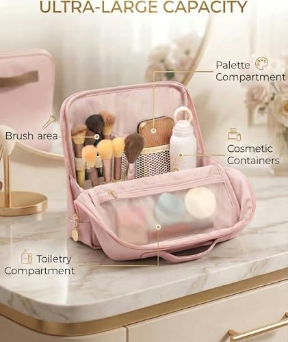 Large Standing Makeup Bag, Sturdy PU Leather Cosmetic Organizer with Fold-Down Phone Tray, Waterproof Travel Toiletry Case with Wipeable TPU Brush Holder, 9.5 Inch, Pink - color: Pink