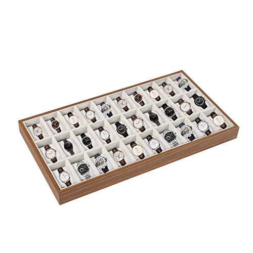 LOYALHEARTDY 30 Grid Watch Jewelry Tray Organizer Wooden Box Organizer Display Tray Watch Bracelet Display Holder with Removable Pillow for Men & Women Storage and Display