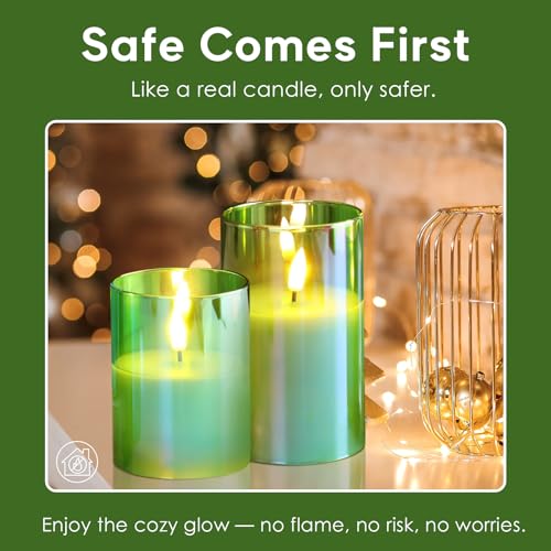 Eywamage Green Glass Flameless Pillar Candles with Remote, Flickering Spring Battery LED Candles Holiday Decor Set of 3 - color: Green
