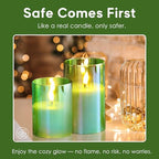 Eywamage Green Glass Flameless Pillar Candles with Remote, Flickering Spring Battery LED Candles Holiday Decor Set of 3 - color: Green