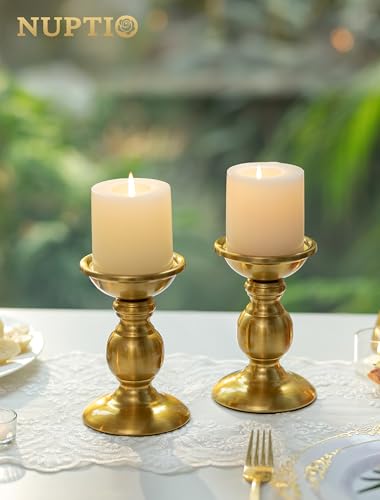 NUPTIO Gold Candle Holder for Table: Brass Pillar Candle Stand Decorative for Fireplace Decor - Metal Vintage Candleholder for Christmas New Year Party Centerpiece(2 x S) - color: Brass, size: S + S