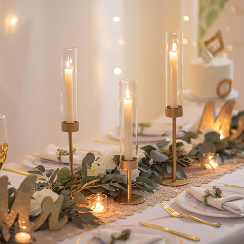 Glass Hurricane Candlestick Holders Gold - Romadedi Taper Candle Holder Tall Clear Glass Cylinder Table Centerpiece Wedding Decor Party Birthday Christmas Home Decorations Set of 3 - size: 3 PCS
