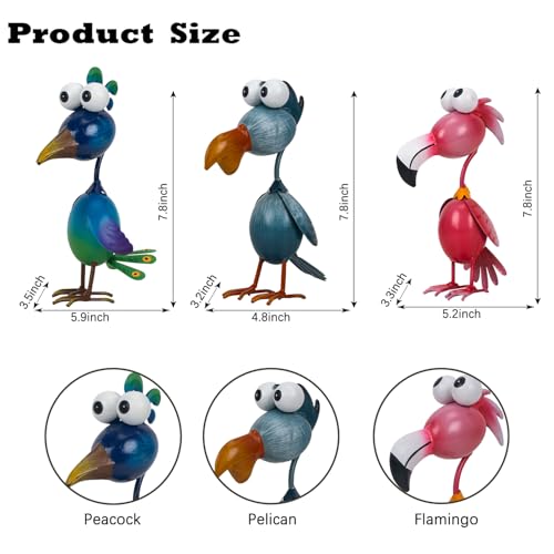 Kircust Outdoor Metal Bird Yard, Garden Decor for Outside Flamingo/Peacock/Pelican Decorations Art Statues, Lawn Ornaments for Courtyard, Patio, Backyard, Porch, Set of 3 - color: Pink-blue-grey Blue
