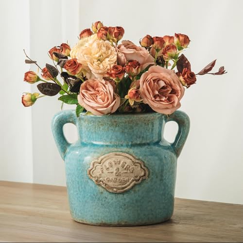 Blue Rustic Ceramic Vase, 5.8 Inch Distressed Wide Mouth Vase with Ice Cracked Glazed, Farmhouse Vintage Flower Vases for Home Office Decor Living Room Bedroom Table Centerpiece Decorations - color: Blue