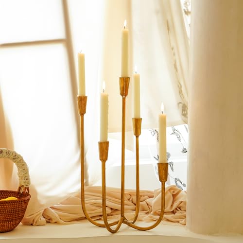 Cast Iron Candelabra 5-Taper Candle Holders, Golden Metal Candlestick Holders Tabletop Candles Stand, Decorative Table Centerpieces Mantel Decor, Antique Brass - color: 5-arm