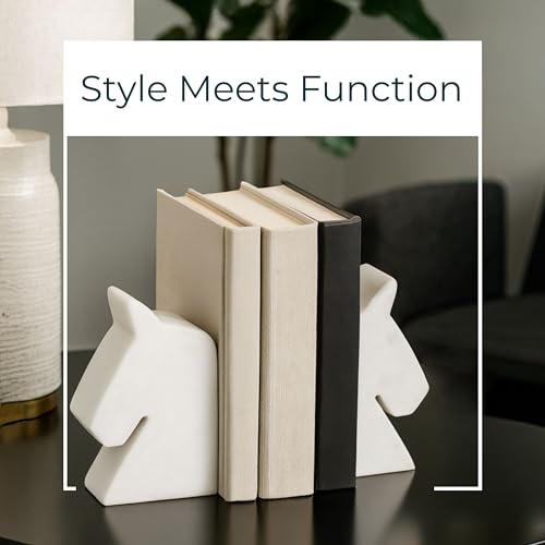 Decorative Marble Horse Head Bookends and Book Ends for Office Decor - Modern Bookshelf Decor Accent as Desk Display - Sculptural Book Accessories for Home Library Display - Set of 2, 6", White