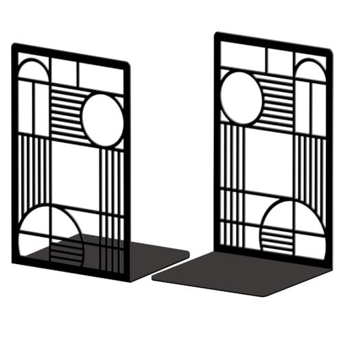 Peacoblue Metal Bookends for Shelves, Modern Decorative Heavy Duty Study Book Ends Stoppers for Office, Desk, Shelf, Room 5.3"x4.3"x7.9" Cast Iron Simple Tall Bookends 1 Pair (Geometry Lines) - style: Geometry Lines