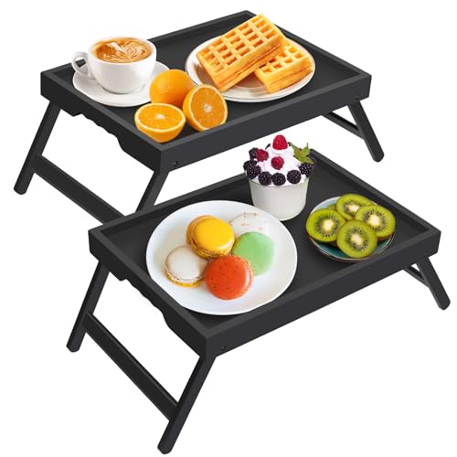 Artmeer Bed Tray Table with Folding Legs,Bamboo Breakfast in Bed for TV Table, Laptop Computer Tray,Eating,Snack Tray Black 2 Pack (Black) - color: Black, size: Medium (Pack of 2)