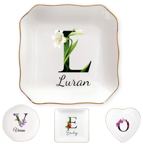 Custom Ceramic Ring Dish, Personalized Jewelry Tray with Initial, Earrings Necklaces Bracelet Watch Keys Trinket Holder for Nightstand, Mothers Day Bridesmaid Bestie Gift for Women - color: Initial & Name
