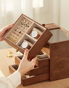CHOSIN Black Walnut Wooden Jewelry Box for Women Classical Solid Wood 4-Layer Jewelry Organizer Double Sided Visibility Necklace Storage Layer Watch Necklace Ring Earring Mothers Day Gifts for Mom - style: 4 Layer C