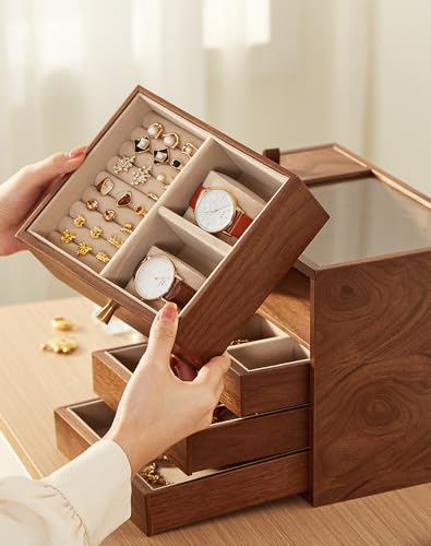 CHOSIN Black Walnut Wooden Jewelry Box for Women Classical Solid Wood 4-Layer Jewelry Organizer Double Sided Visibility Necklace Storage Layer Watch Necklace Ring Earring Mothers Day Gifts for Mom - style: 4 Layer C