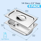 Hotel Pan with Lids 6 Pack 1/4 Size 2.5" Deep Stainless Steel Steam Table Pan, Commercial Food Pans for Catering Buffet Chafing Dish Pans Metal Steam Tray (1/4 Size x 2.5 Inch Deep, 6 Pack) - color: 1/4 Size, size: 2.5" Deep