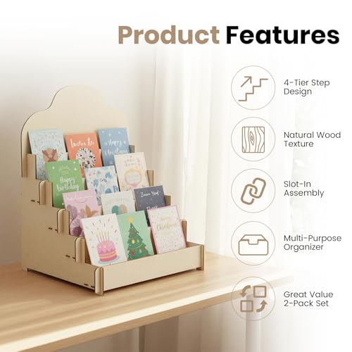 2 Pack 4-Tier Wooden Greeting Card Display Stand, Card Rack for Stickers, Postcards, Photos, Stationery, Small Products, Home Office Decor & Organizer, Lightweight for Vendor Booths, Craft Fairs
