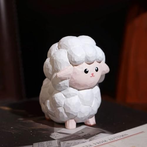 Hand Carved Wooden Sheep Statue with Round Wood Base – Mini Cute Lamb Figurine, Handmade Animal Sculpture, Rustic Desk Ornament & Unique Gift for Animal Lovers and Home Decor - color: Decor-sheep