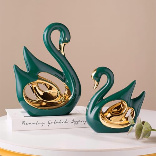 Ceramic Statue,2 Pieces Swan Sculpture Decor,Creative Ceramic Decorative,Crafts Ornaments Home Decor,Memorial Gift for Parents, Suitable for Shelf, Bookself, TV Stand Decor. - color: Green Gold Swan