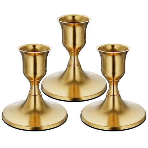 zeochyni Brass Gold Taper Candle Holders Set of 3, Vintage Metal Candlestick Holders for Dinner Room Table Centerpiece or Mantel Wedding Party Decor - color: Gold, size: Set of 3