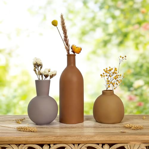Ceramic Vase Set of 3 - Small Modern Minimalist Ceramic Bud Vases for Home Decor - Boho Aesthetic Flower Vases for Desk, Shelf & Table, Mantle, Bookshelf (Cute & Versatile) (Brown Mix) - color: Brown Mix