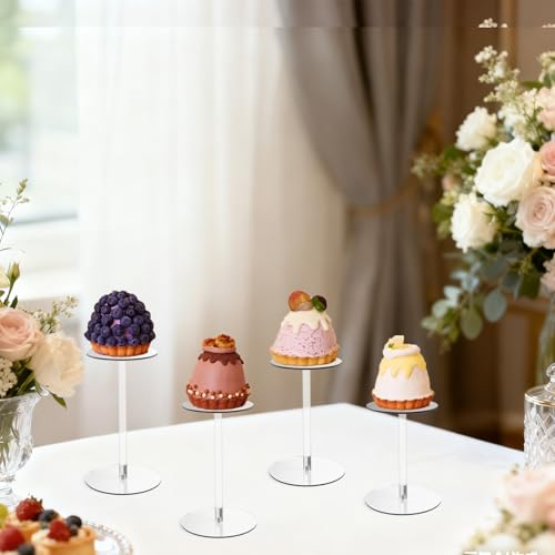 4 Pack Round Acrylic Display Stands, 5.5-5.9-6.5-7in Small Clear Acrylic Display Risers, Plastic Clear Pedestal Set for Gem Jewelry Display, Cupcake Party Table Decor