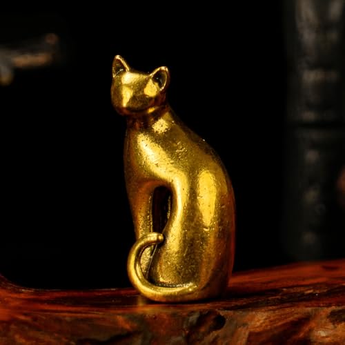 CHOVY 100% Solid Brass Cat Figurine - Vintage Collectible Sculpture Art Deco Inspired Ornament for Oddities Curiosities Enthusiasts Handcrafted Soft-Sitting Pose with Retro Patina Decorative Statue - color: Mellow Cat