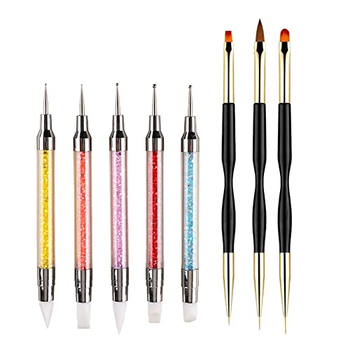 FULINJOY 5PCS Dual-Ended Nail Art Sculpture Pen Dotting Tools with 3PCS Nail Painting Brushes, Silicone Nail Polish Brushes Stainless Steel Carving Drawing Tool, Acrylic Rhinestone Handle - size: 8PCS