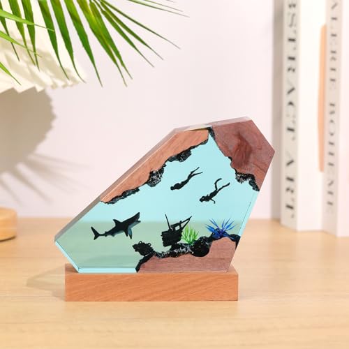 Ocean Creative Epoxy Resin Wood Light Lamp, Handmade Multi Color Aquatic Ocean Lamp Deep Sea Diver Cave Diving Enthusiasts Led Night Light Desktop Decor Christmas Birthday Gift (White Shark, S) - color: White Shark