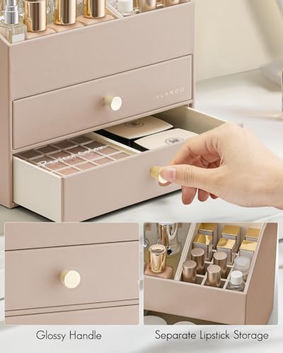 Vlando Makeup Organizer for Vanity,Large Capacity Countertop Organizer with Drawers, PU Leather Cosmetic Display Case for Lipstick,Brushes,Skincare,Bedroom Storage (Toffee) - color: 3 layers-Toffee