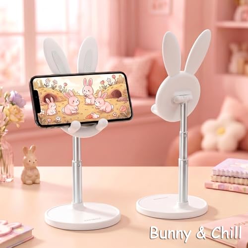 OATSBASF Cute Bunny Phone Stand, Adjustable Cell Phone Holder for Desk, Weighted Base Kawaii Desk Accessories, Aesthetic Room Decor Gift for Women/Girls/Kids, Compatible with All Phones - color: White