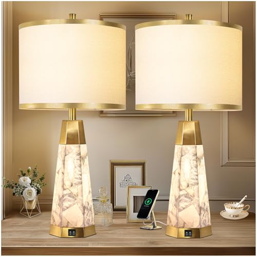 KIVDITZO 27" Alabaster Table Lamps Set of 2 - Lamps for Living Room with Night Light, Bedside Lamps with White Linen Shade, Nightstand Table Lamp with USB A+C Port for Bedroom Office (Bulb Included) - color: Golden Colored-2