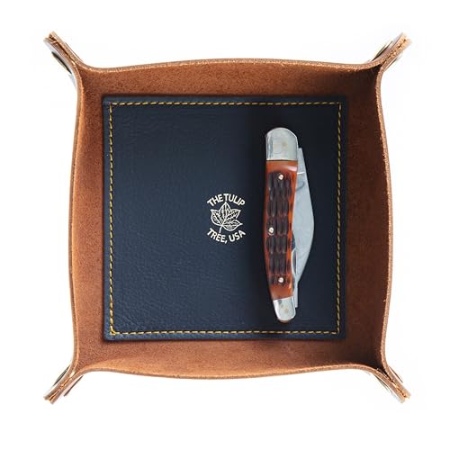 USA Handmade Premium Leather Valet Tray, Folds Flat! Dice Rolling Basket and Organizer with Brass Snaps (Chestnut and Blue Gold, Medium) - color: Chestnut and Blue Gold, size: 5" x 5" x 2"