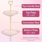 Paris Hilton 2-Tier Heart Serving Tray, Iconic Ceramic Stoneware with Metal Handle, Easy Assembly for Stylish Display, 9-Inch and 7-Inch Plates, Pink