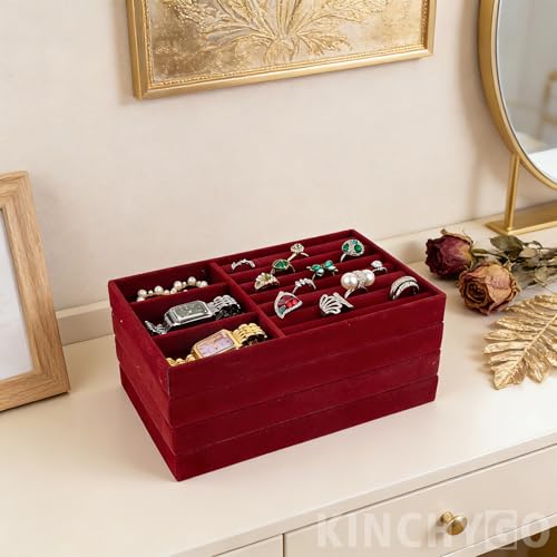 4 Pack Stackable Velvet Jewelry Trays Organizer Drawer Inserts Container Display Storage Box for Necklaces Bracelets (Red)