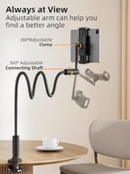 SAIJI 47" Gooseneck Kindle Holder, Tablet Holder for Bed with Upgraded Base, iPad Stand with Flexible Lazy Arm, Compatible with iPad mini Pro Air, Kindle, Galaxy or Other 4.7-11" Device (Black) - color: Black