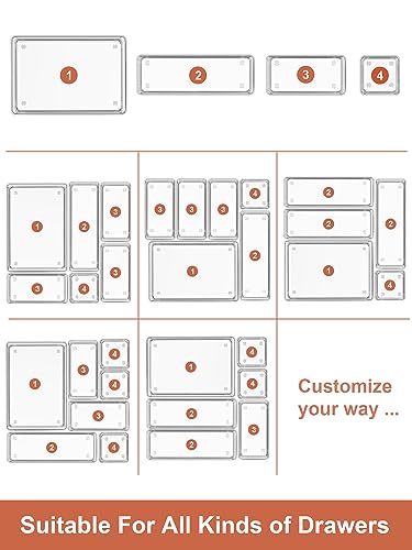 SMARTAKE 37-Piece Drawer Organizer with Non-Slip Silicone Pads, 4-Size Desk Drawer Organizer Trays Storage Tray for Makeup, Jewelries, Utensils in Bedroom Dresser, Office and Kitchen (Clear) - style: 37 PCS