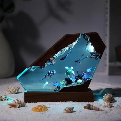Ocean Creative Epoxy Resin Wood Light Lamp, Handmade Multi Color Aquatic Ocean Lamp Deep Sea Diver Cave Diving Enthusiasts Led Night Light Desktop Decor Christmas Birthday Gift (Ocean World, S) - color: Ocean World