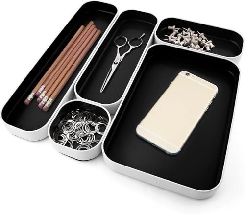 Three by Three Seattle 5 Piece Metal Organizer Tray Set for Storing Makeup, Stationery, Utensils, and More in Office Desk, Kitchen and Bathroom Drawers (1 Inch, Black) - color: Black, size: 5 Piece