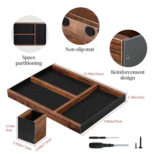 Wooden Desk Tray with Integrated Pen Holder, Luxury Office Organizer for Executive Desk, Minimalist Wood & Metal Stationery Storage Set, Premium Gift for Men & Home Office Decor